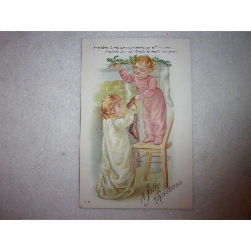 Antique Vintage Christmas Postcard 2 Children Fireplace Mantle Circa 1910